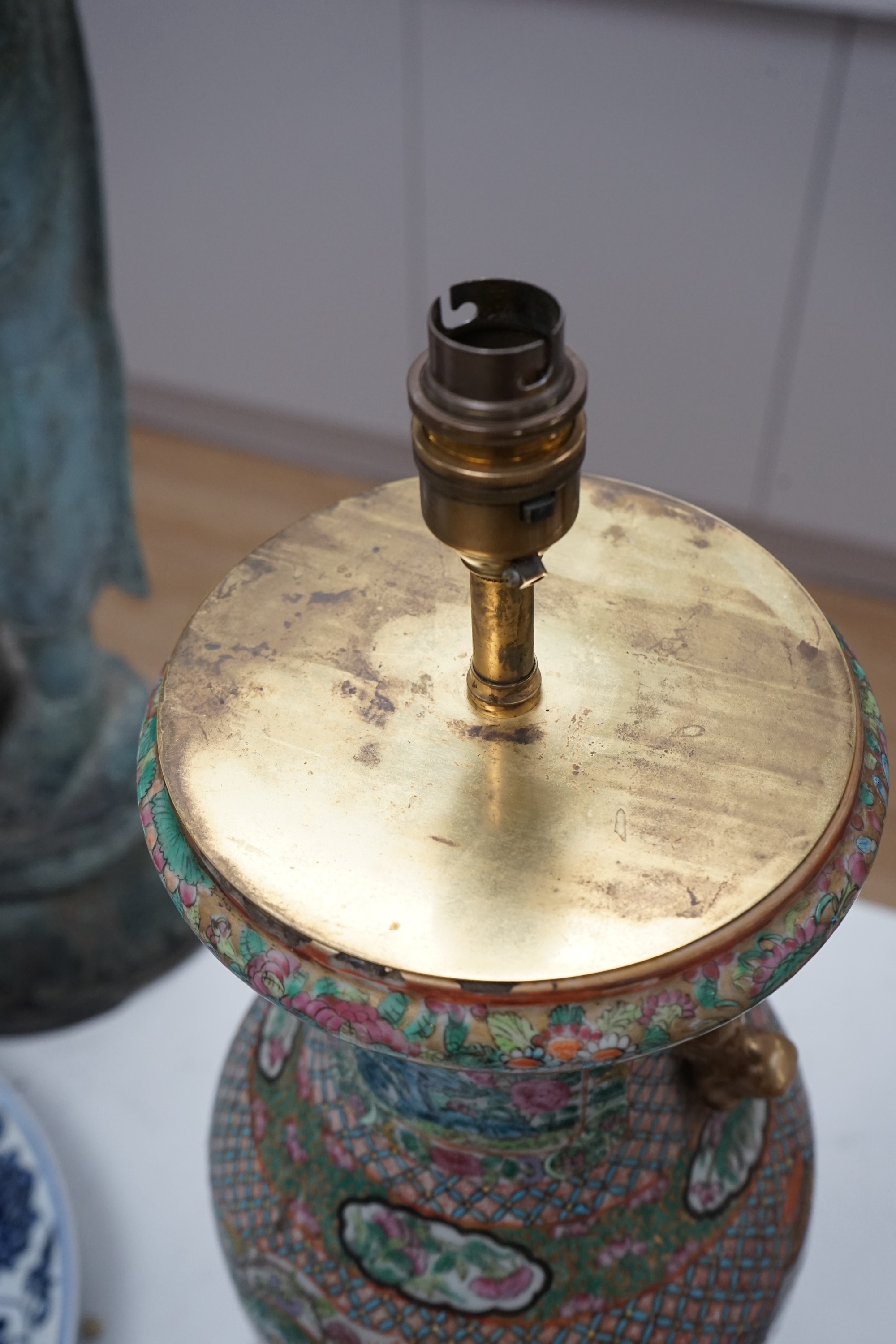 A Chinese enamelled porcelain vase, c. 1900, converted to a lamp with carves stand, 45.5cm high. Condition - good